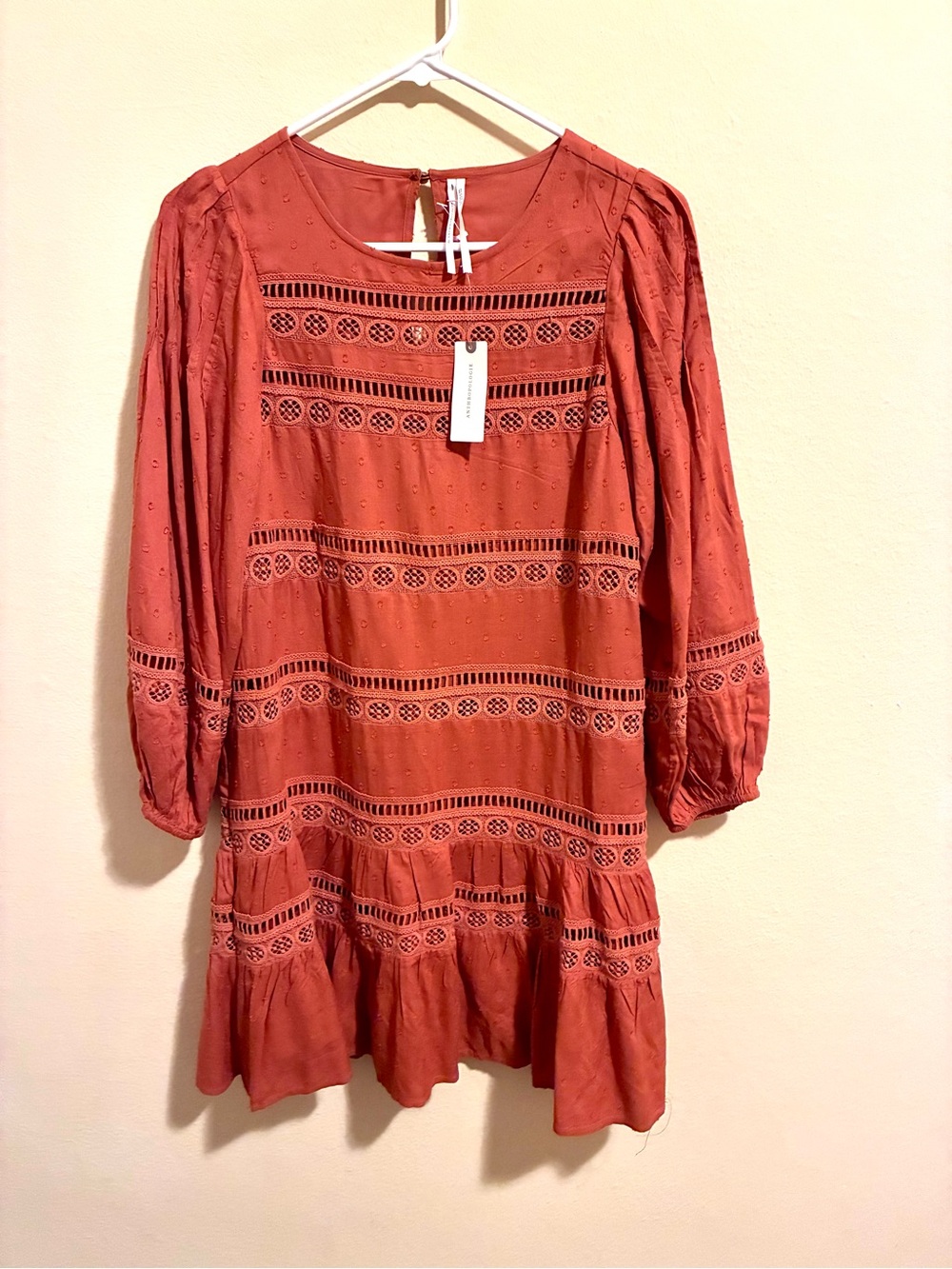 Anthropologie Rust Eyelet Tiered Long Sleeve Dress